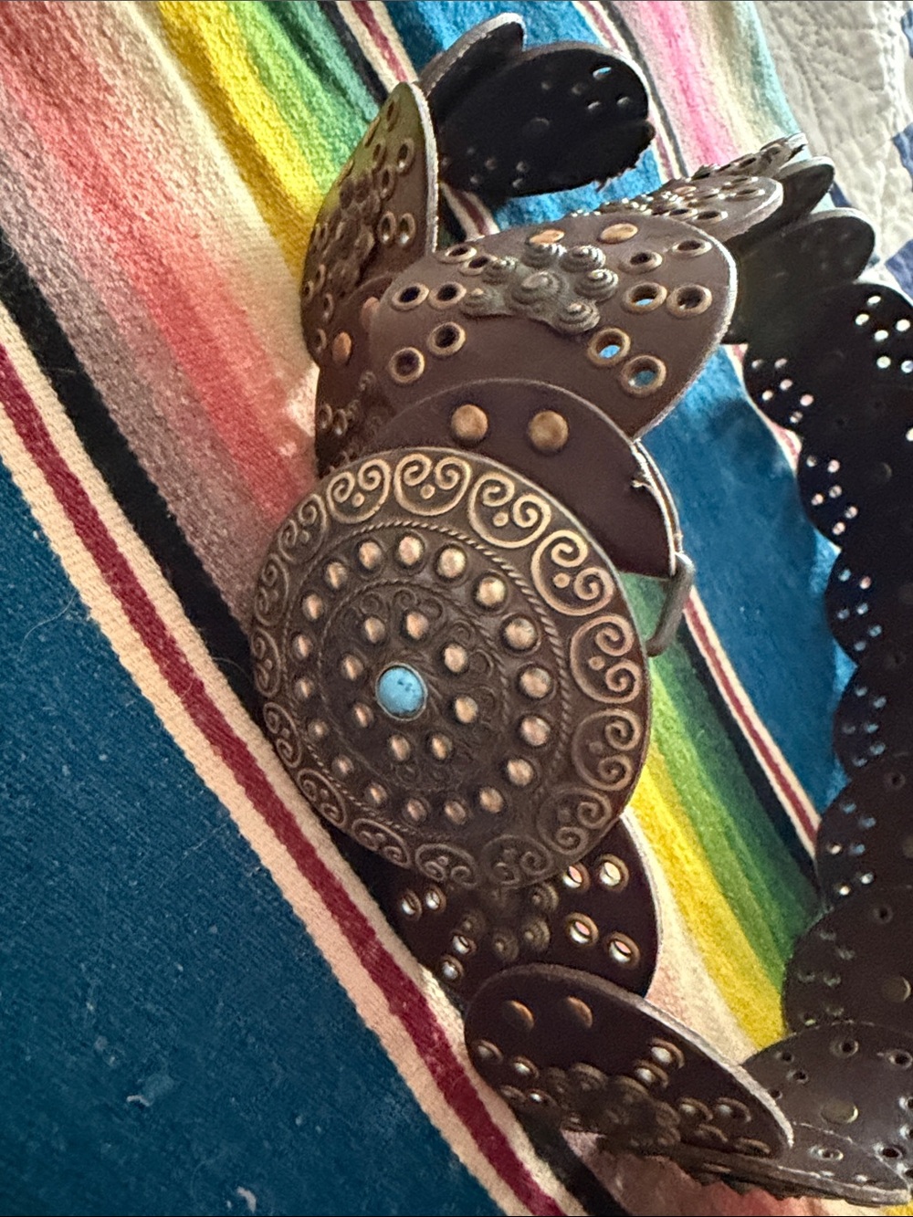 Brown Genuine Leather Western Concho Belt with Turquoise Accent